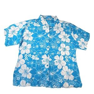 La Leela Womens 2XL Blue White Hibiscus Floral Short Sleeve Button Down Shirt